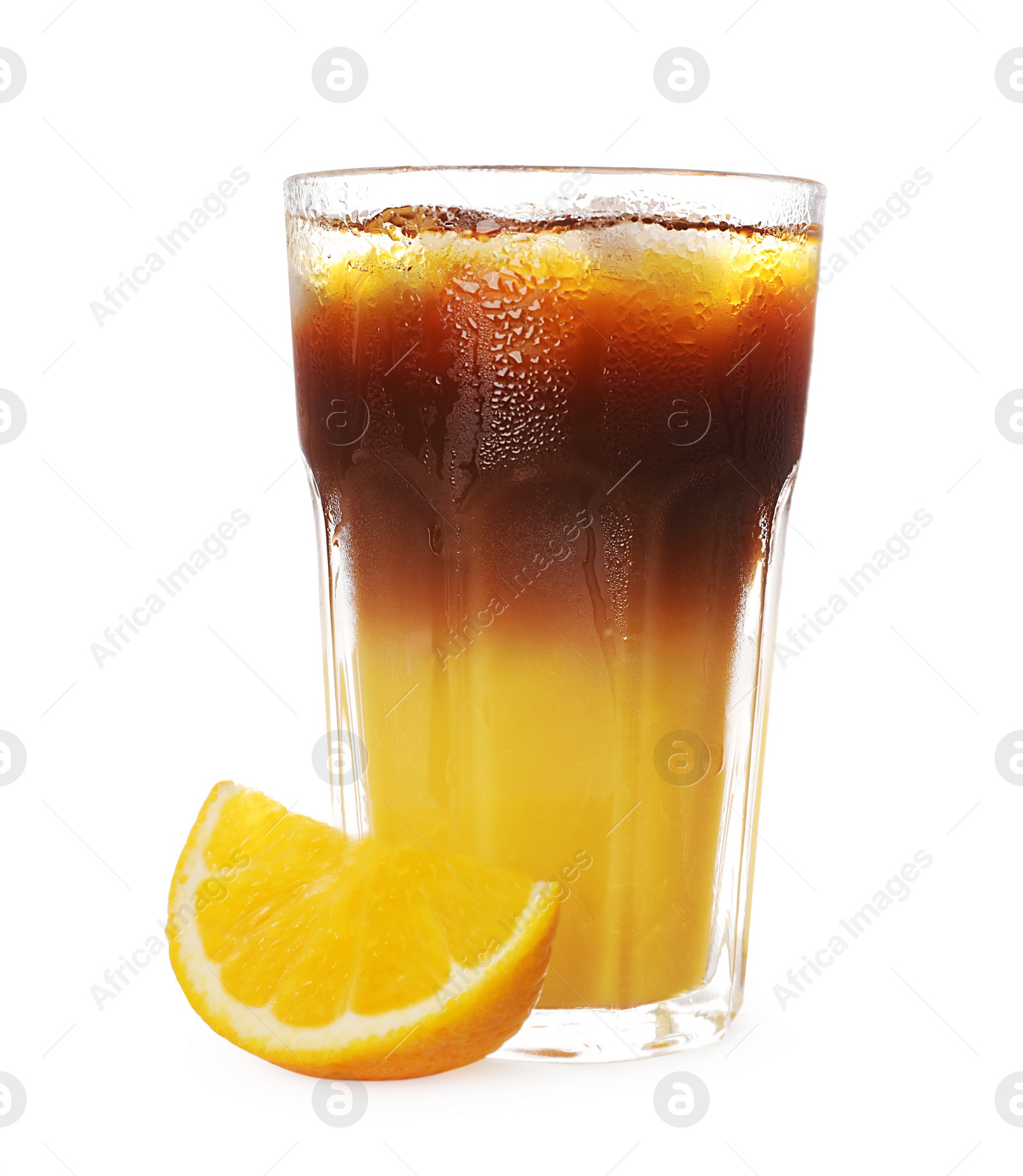 Photo of Tasty refreshing drink with coffee and orange juice on white background