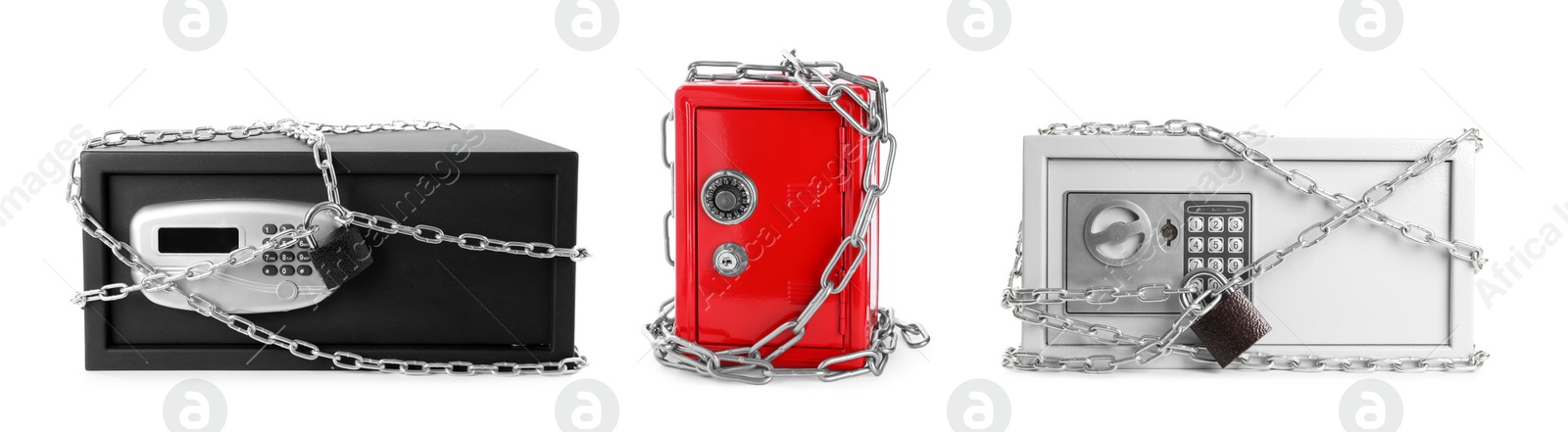 Image of Set of steel safes with chains and locks on white background