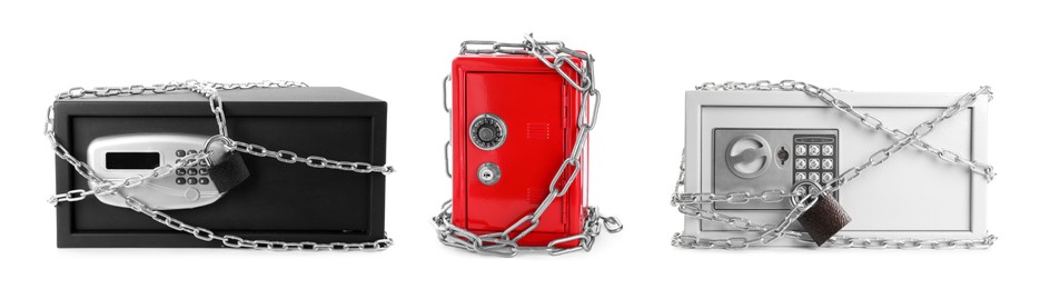 Set of steel safes with chains and locks on white background