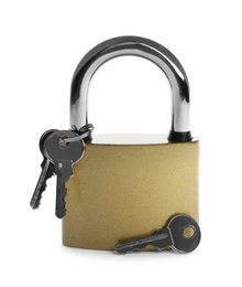 Steel padlock and keys isolated on white. Safety concept