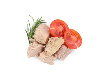 Photo of Delicious canned tuna chunks with tomatoes and rosemary isolated on white, top view