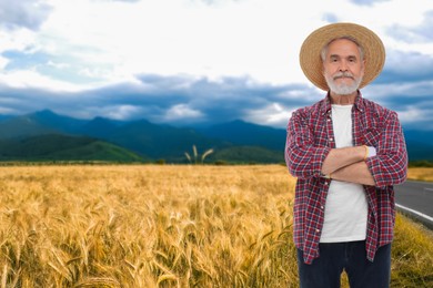 Confident farmer with crossed arms in field. Harvesting season