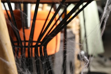 Old cobweb on chair in room, closeup