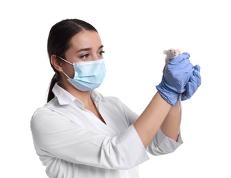 Photo of Scientist holding rat on white background. Animal testing