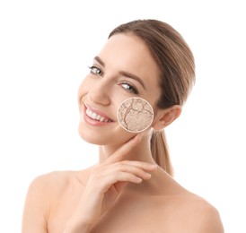 Young woman with facial dry skin problem on white background