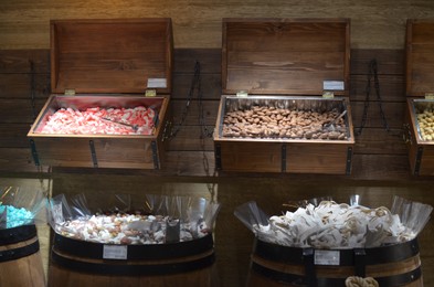 AMSTERDAM, NETHERLANDS - JULY 16, 2022: Assortment of sweets in Captain Candy shop