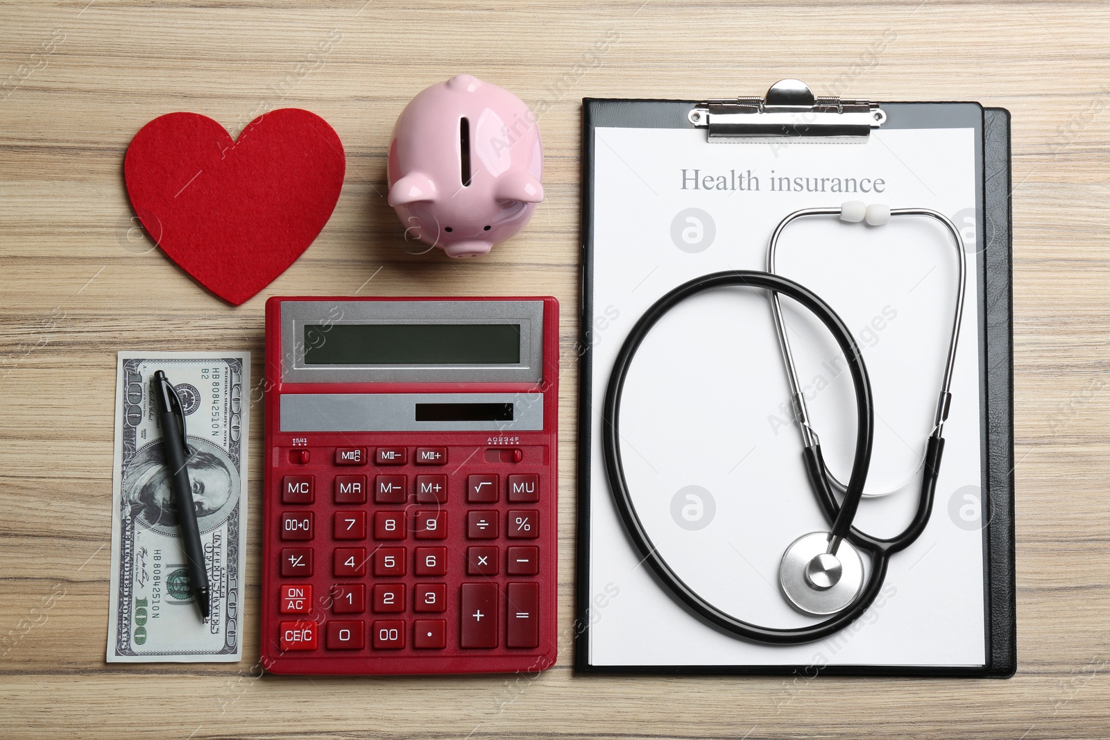 Photo of Flat lay composition with health insurance form and calculator on wooden background