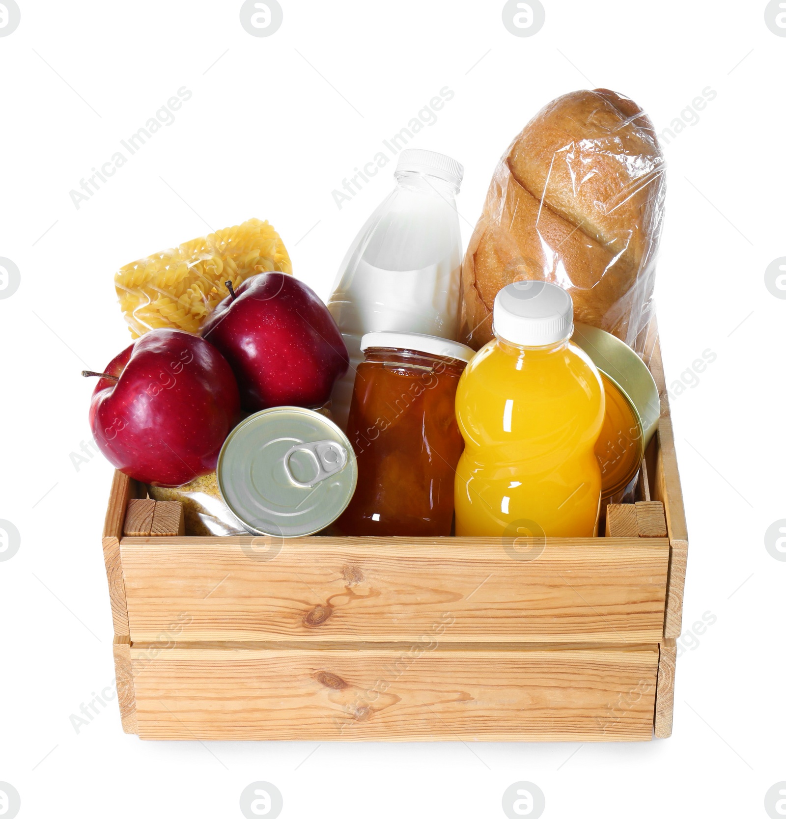 Photo of Donation box with food products isolated on white