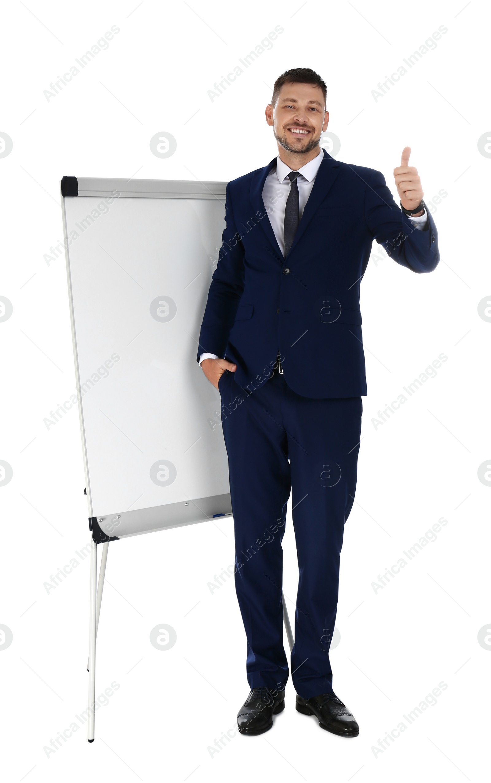 Photo of Professional business trainer near flip chart board on white background. Space for text