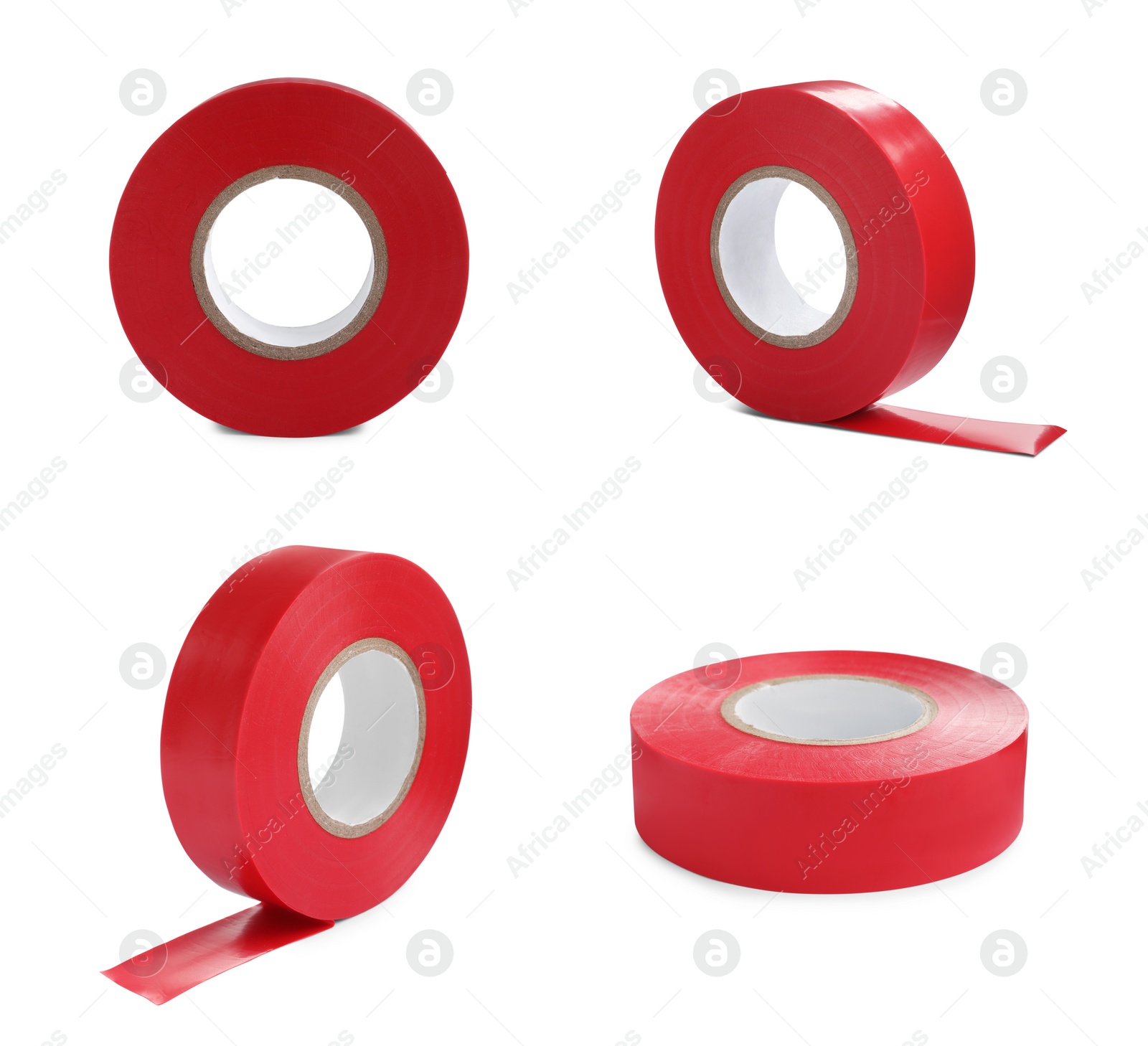 Image of Collage with red insulating tape on white background, different angles