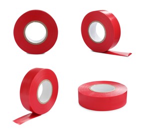 Image of Collage with red insulating tape on white background, different angles