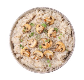 Delicious barley porridge with mushrooms and microgreens in bowl isolated on white, top view