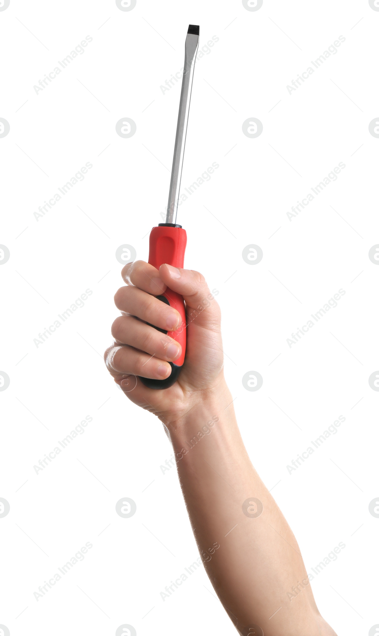 Photo of Man holding screwdriver isolated on white. Construction tools