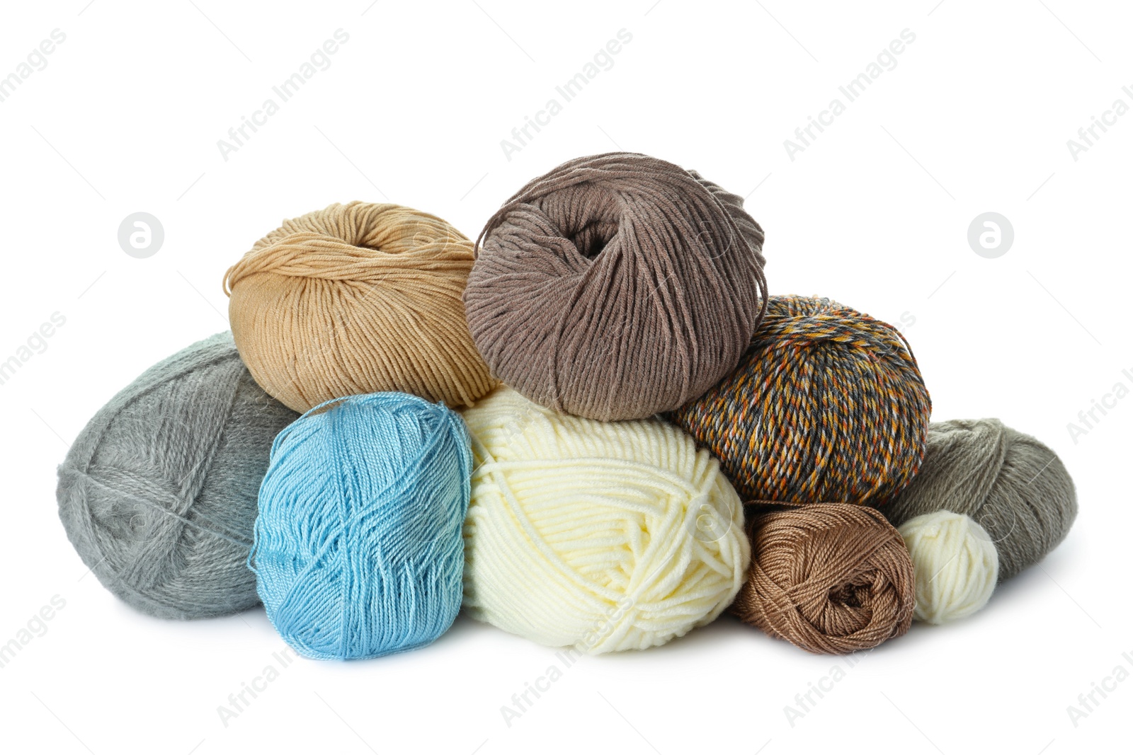 Photo of Different balls of woolen knitting yarns on white background