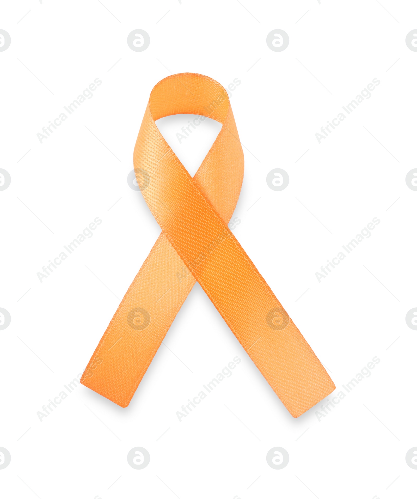 Photo of Orange awareness ribbon isolated on white, top view