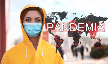 Image of Woman wearing medical mask outdoors during coronavirus outbreak