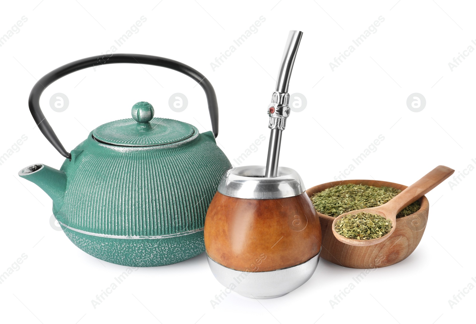 Photo of Calabash, bombilla, teapot and bowl of mate tea on white background