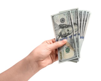 Photo of Money exchange. Woman holding dollar banknotes on white background, closeup