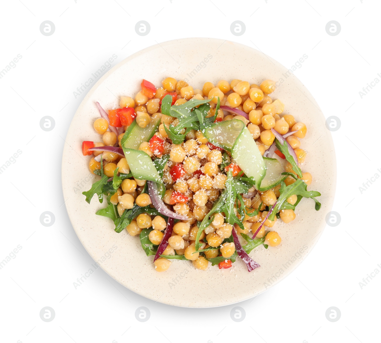 Photo of Plate with delicious fresh chickpea salad isolated on white, top view