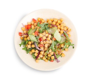 Plate with delicious fresh chickpea salad isolated on white, top view