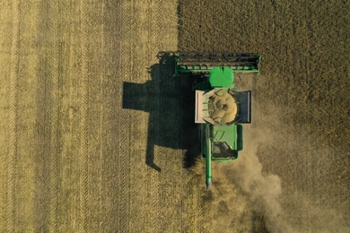 Beautiful aerial view of modern combine harvester working in field on sunny day. Agriculture industry