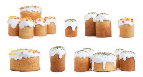 Set with traditional Easter cakes on white background, banner design