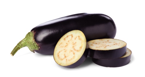 Photo of Tasty raw ripe eggplants on white background