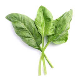 Photo of Fresh leaves of spinach isolated on white, top view