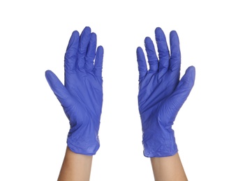 Doctor in medical gloves on white background