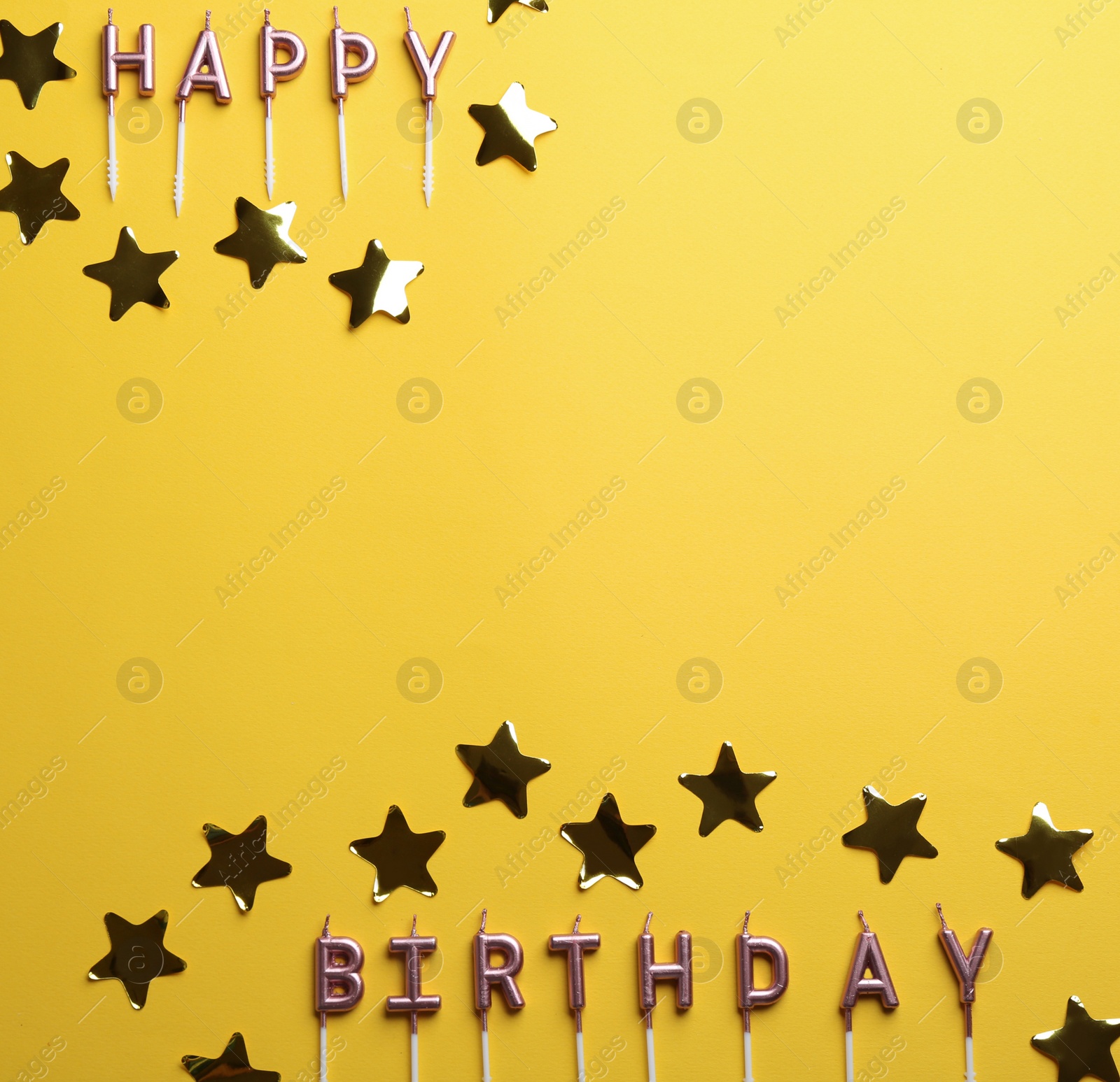 Photo of Flat lay composition with birthday candles on color background. Space for text