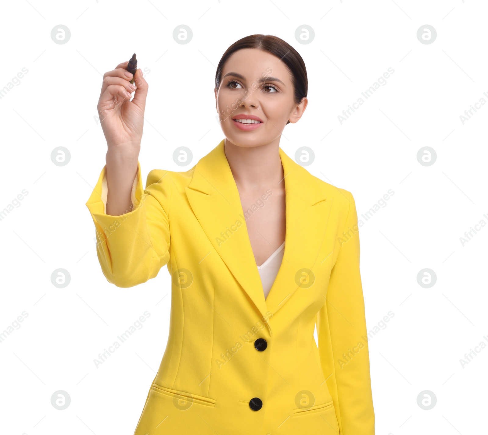 Photo of Beautiful businesswoman in yellow suit with marker on white background