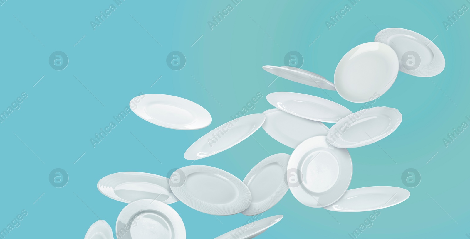 Image of Many white plates falling on pastel light blue background, banner design