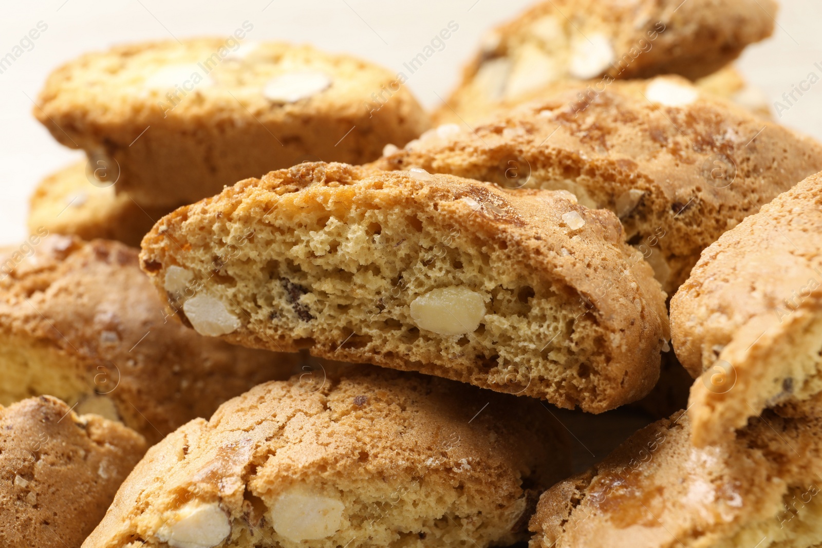 Photo of Tasty cantucci, closeup view. Traditional Italian almond biscuits