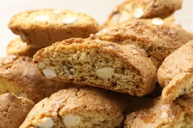 Photo of Tasty cantucci, closeup view. Traditional Italian almond biscuits