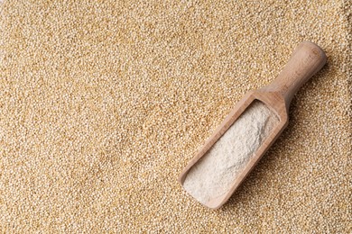 Photo of Wooden scoop with quinoa flour on seeds, top view. Space for text