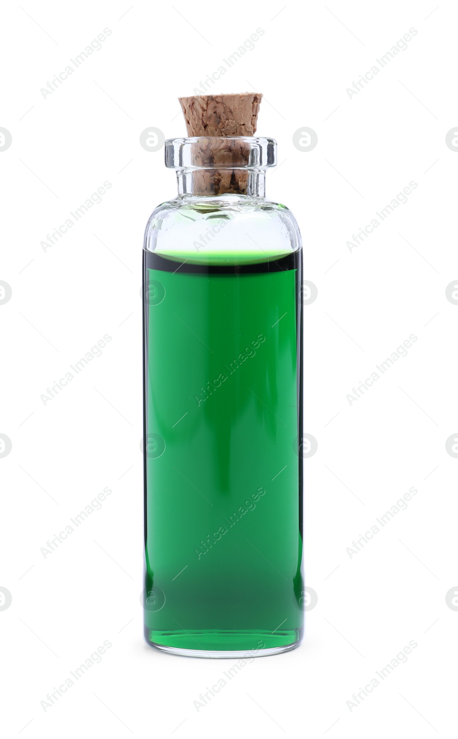 Photo of Glass bottle of green food coloring on white background