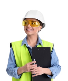 Photo of Female industrial engineer in uniform with clipboard on white background. Safety equipment