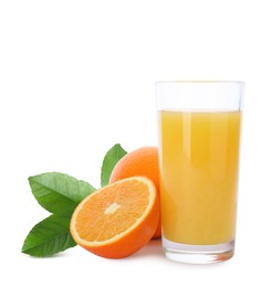 Glass of orange juice, fresh fruits and green leaves on white background