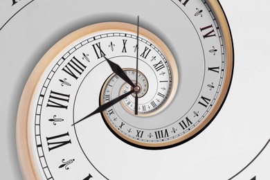 Infinity and other time related concepts. White clock face with roman numerals twisted in spiral, fractal pattern