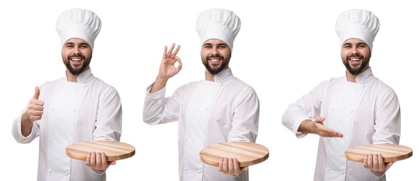 Image of Chef in uniform holding wooden board on white background, set with photos