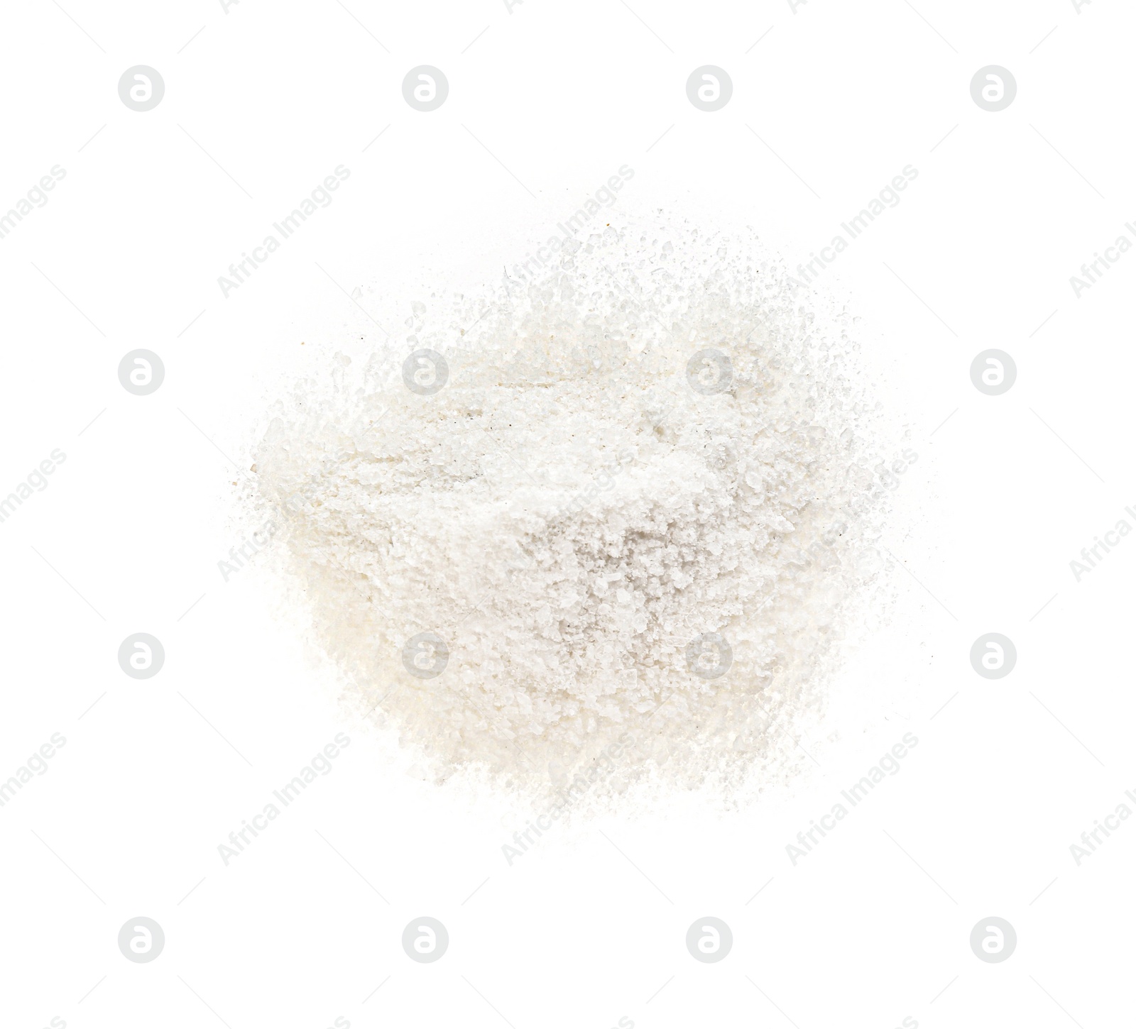 Photo of Pile of natural salt isolated on white, top view