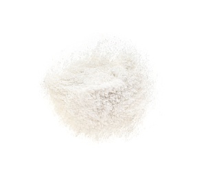 Photo of Pile of natural salt isolated on white, top view