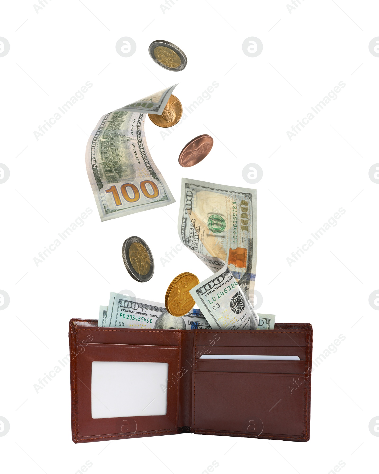 Image of Dollar banknotes and coins falling into purse on white background