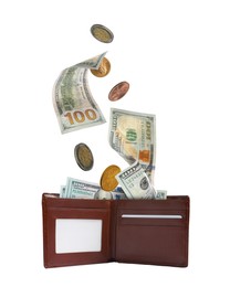 Image of Dollar banknotes and coins falling into purse on white background