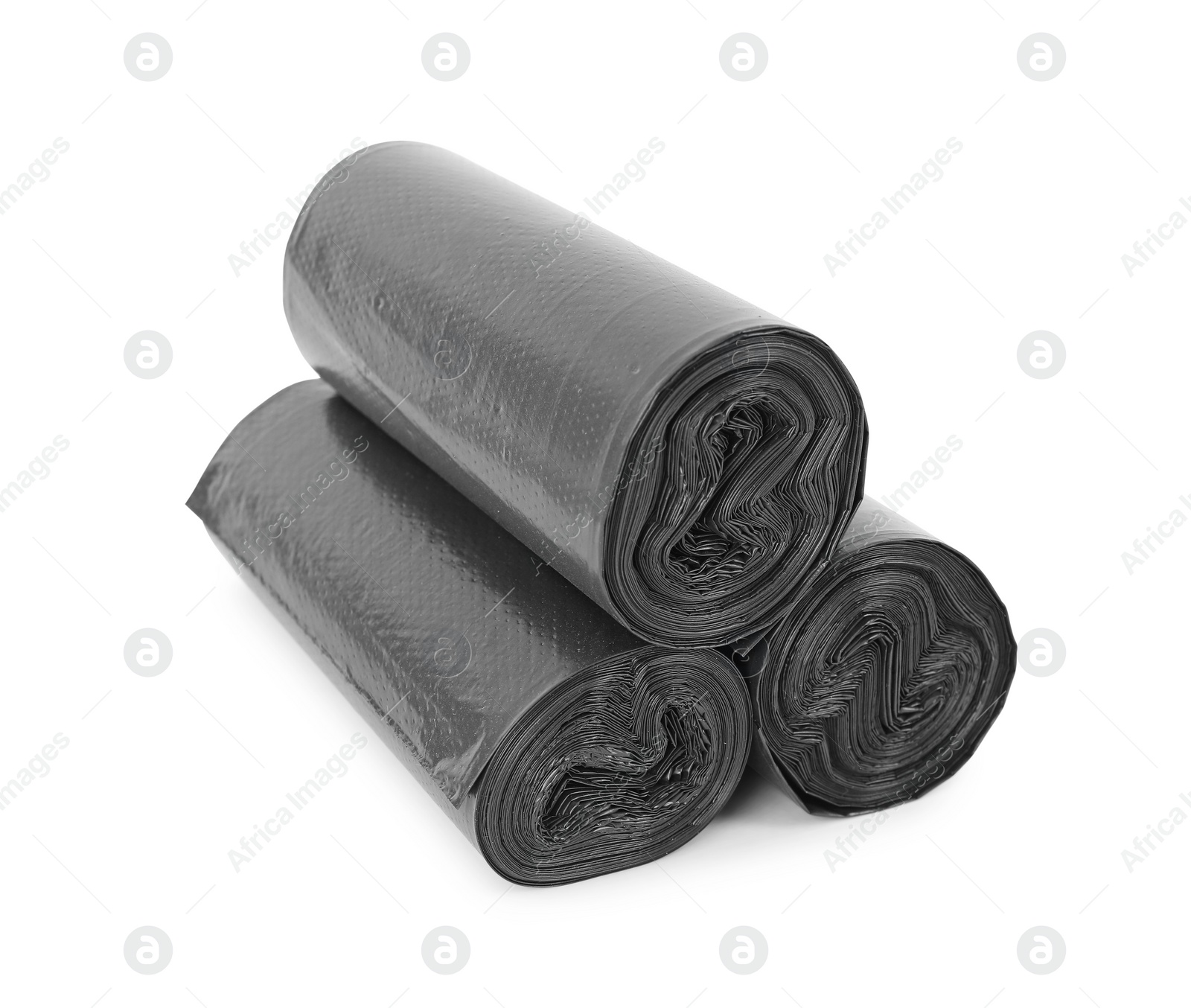 Photo of Rolls of black garbage bags isolated on white