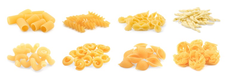 Different types of pasta isolated on white, set