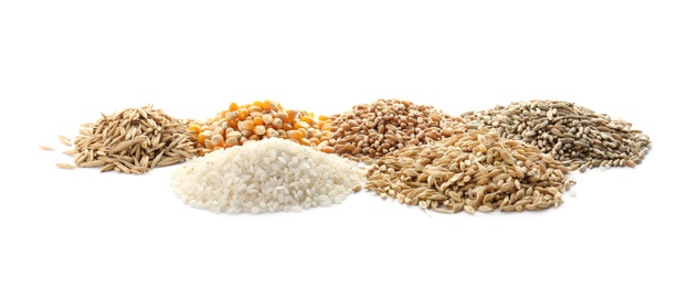 Different types of grains and cereals on white background