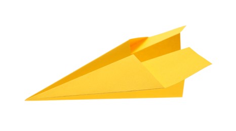 Photo of Handmade yellow paper plane isolated on white