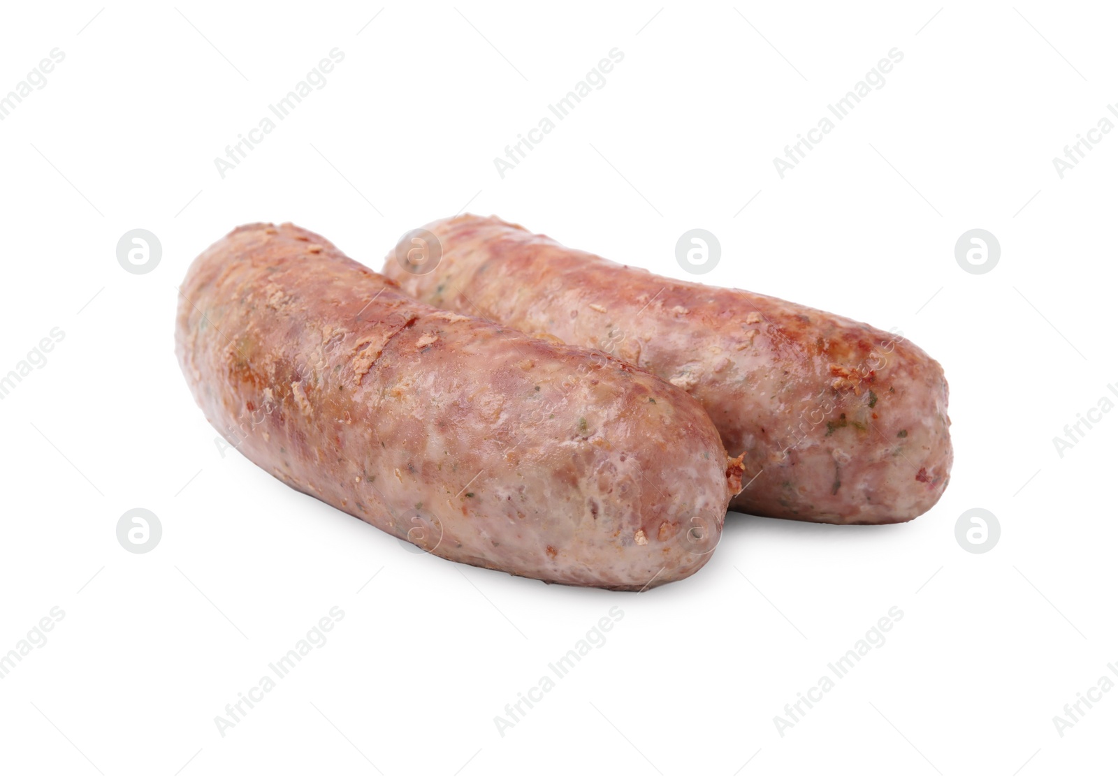 Photo of Two tasty homemade sausages isolated on white