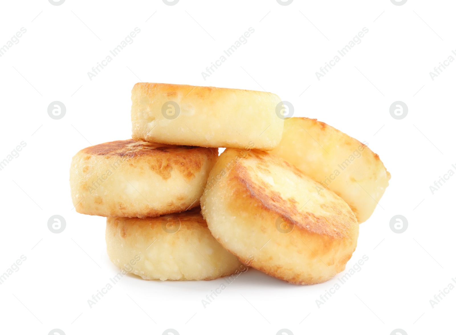Photo of Delicious cottage cheese pancakes on white background